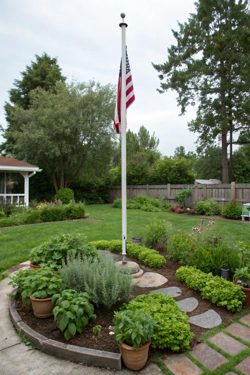 An herb garden adds fragrance and function to a freedom pole area.