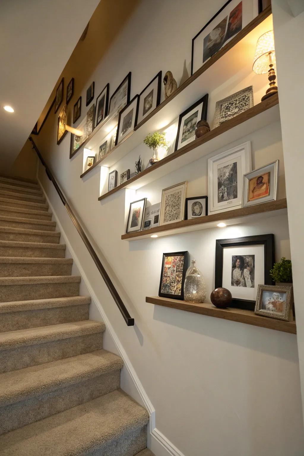 Floating shelves enhance this staircase wall with personal touches.