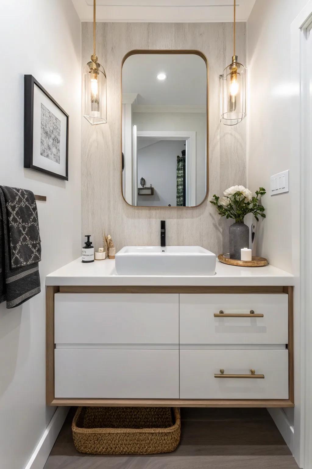 A compact powder room featuring a stylish mounted vanity.