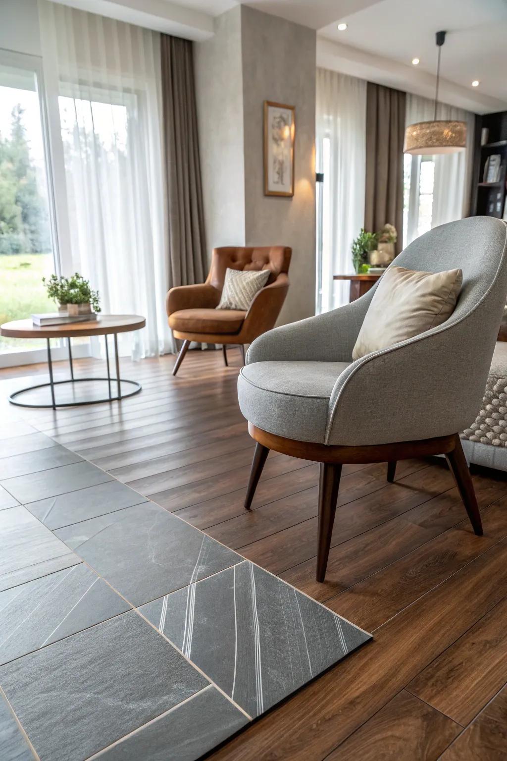 Furnishings strategically bridge the floor connection.