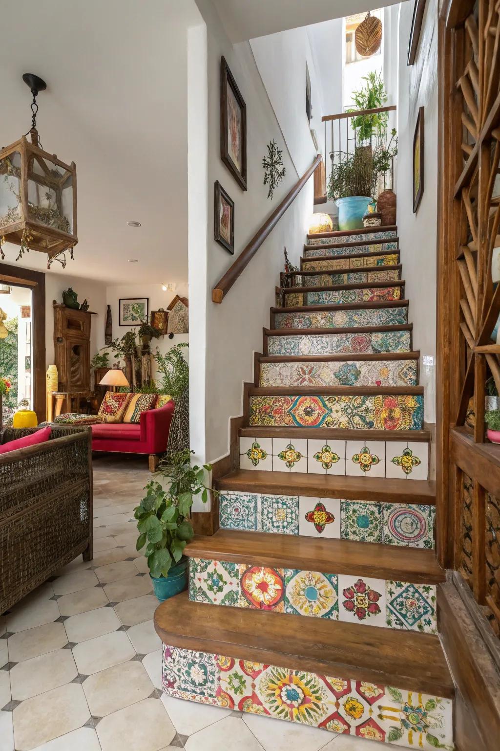Tiled risers transform your staircase into a colorful work of art.