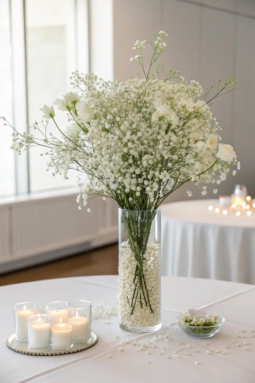 An all-white floral centerpiece featuring ivory flowers on a table.