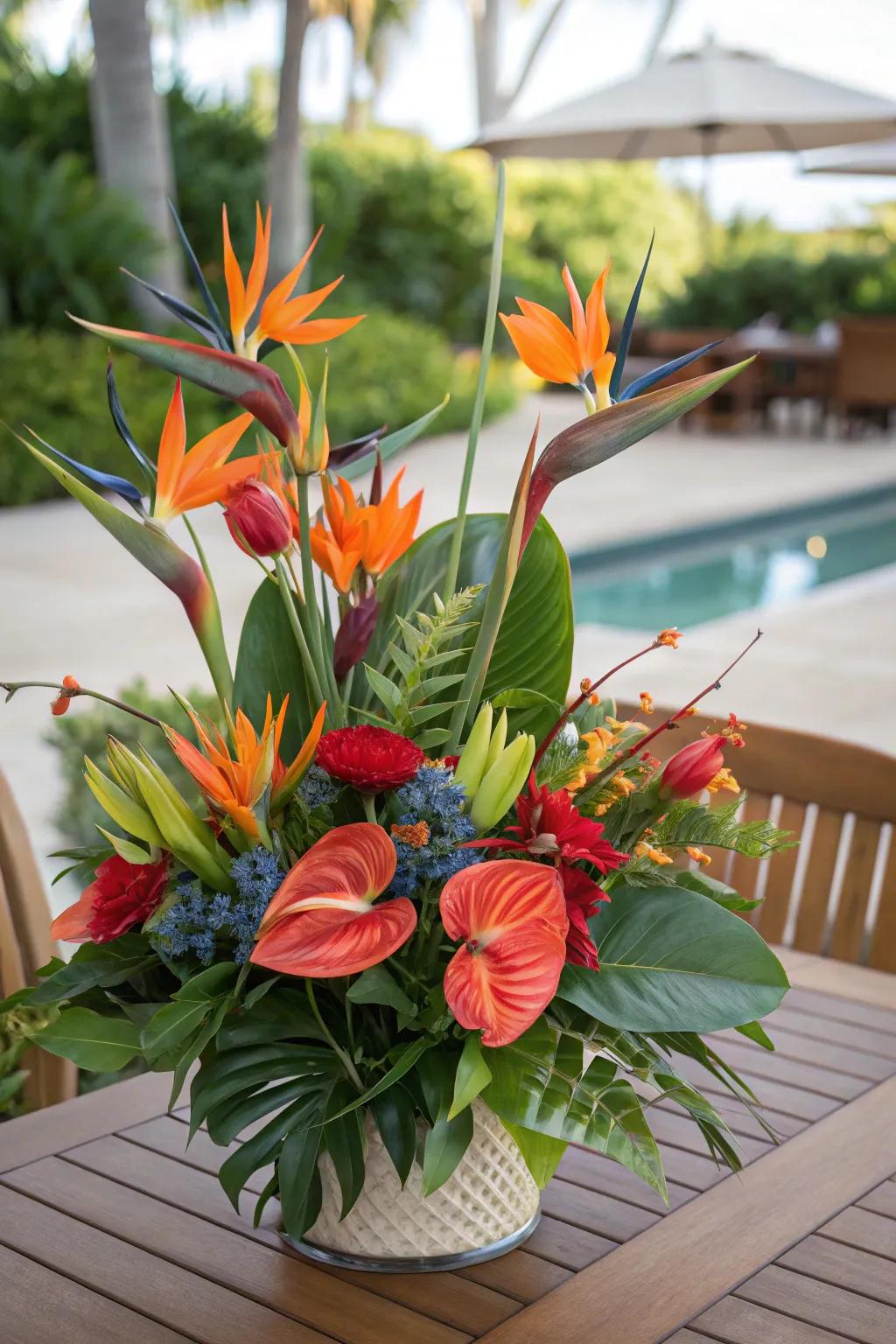 An exotic tropical blossom arrangement.