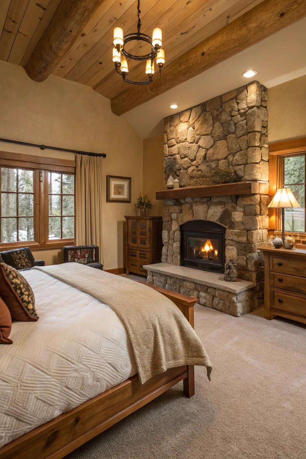 A fireplace contributes warmth and a countryside center point.
