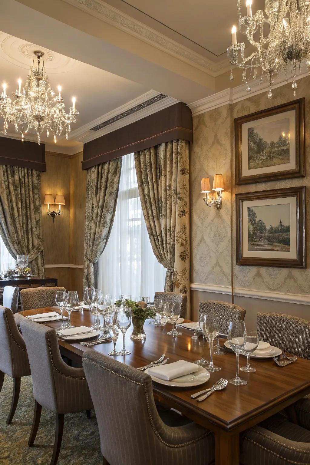 Folded drapes include sophistication and style to this dining room.