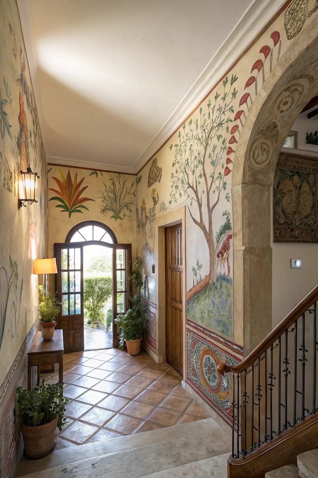 A wall painting can make a foyer a work of art.