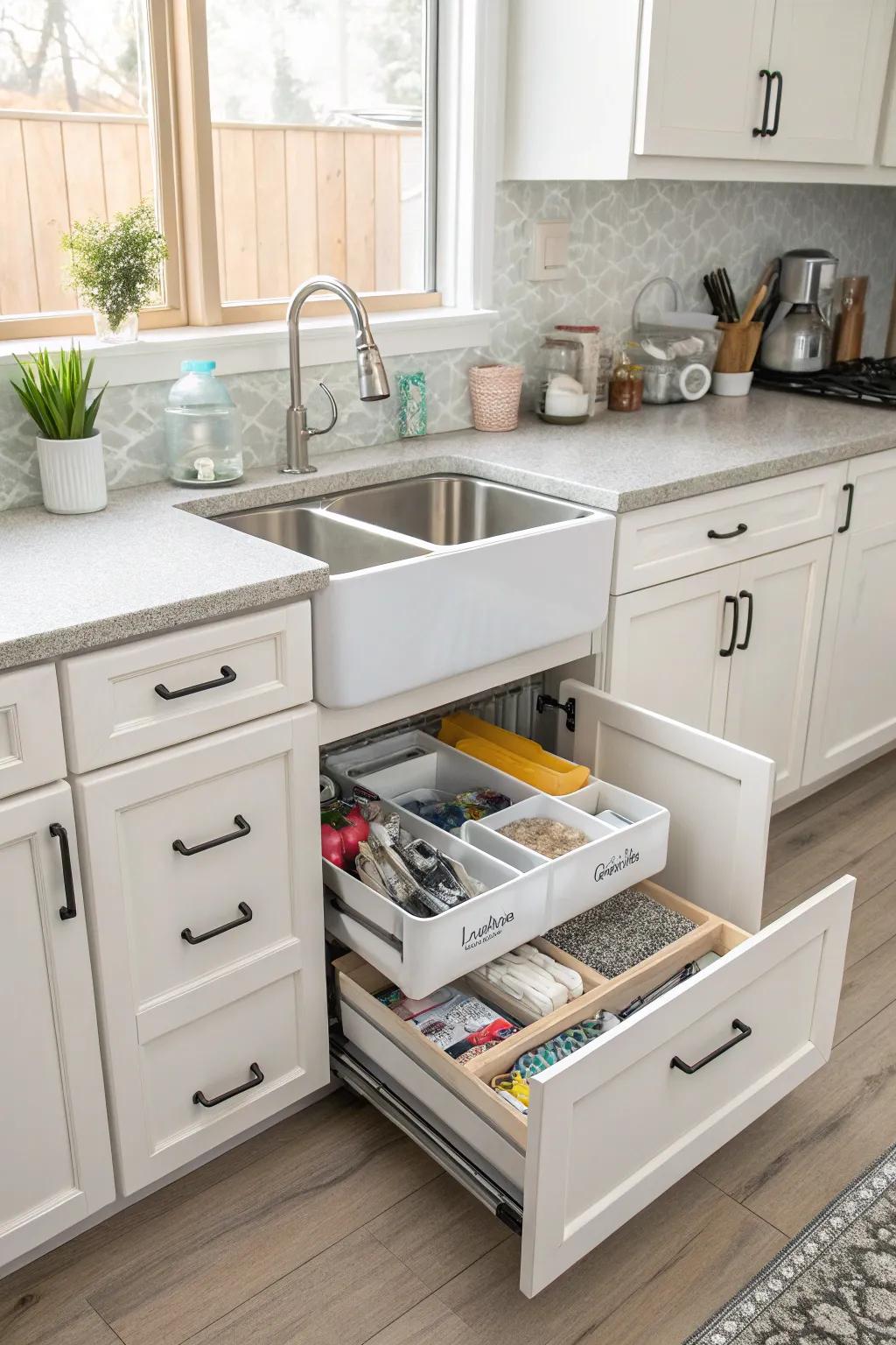 A structured kitchen featuring a stand-alone sink and clever storage options.