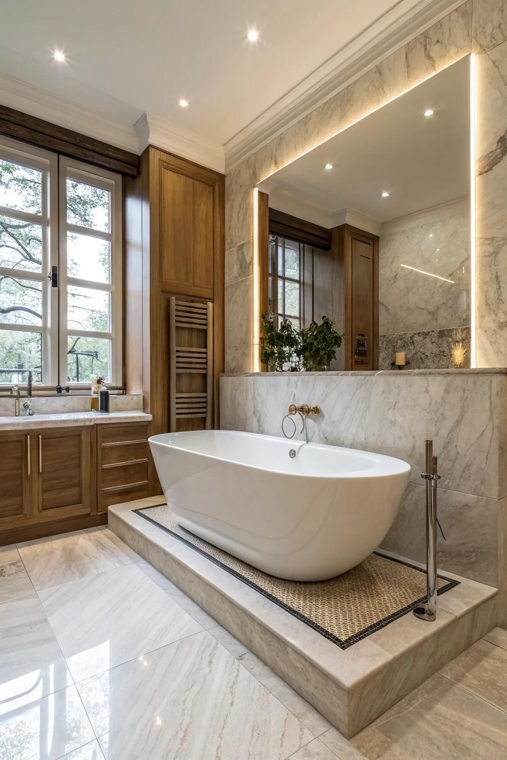 An elevated detached soaking tub serving as a stunning focal point.