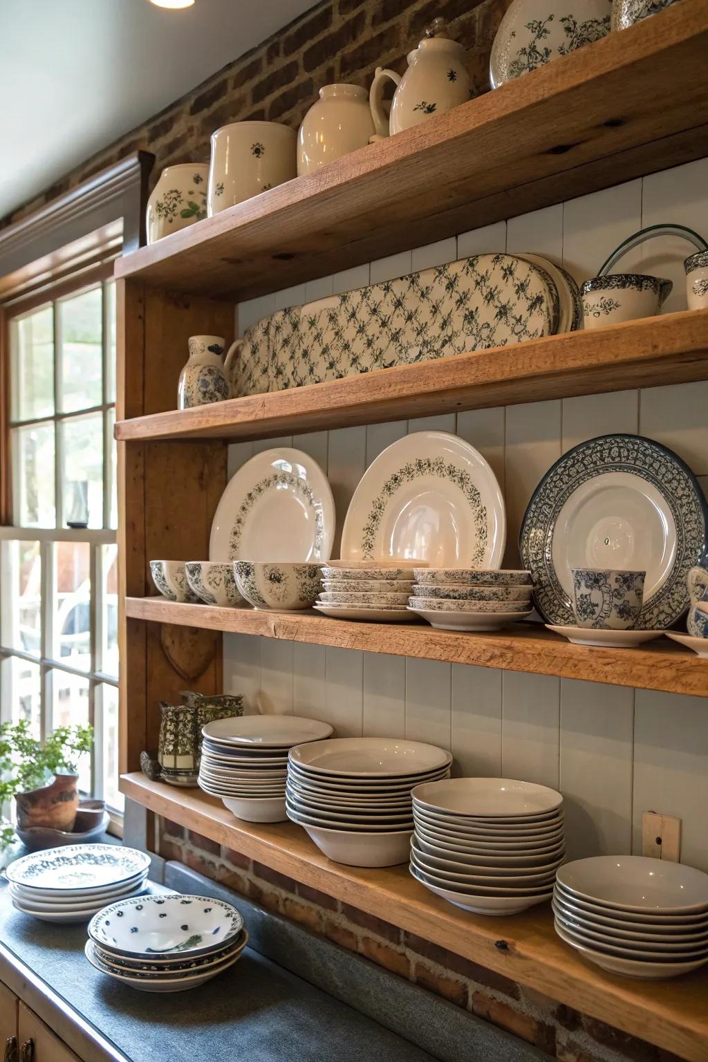 Ironstone dishes adding charm to open kitchen shelves.
