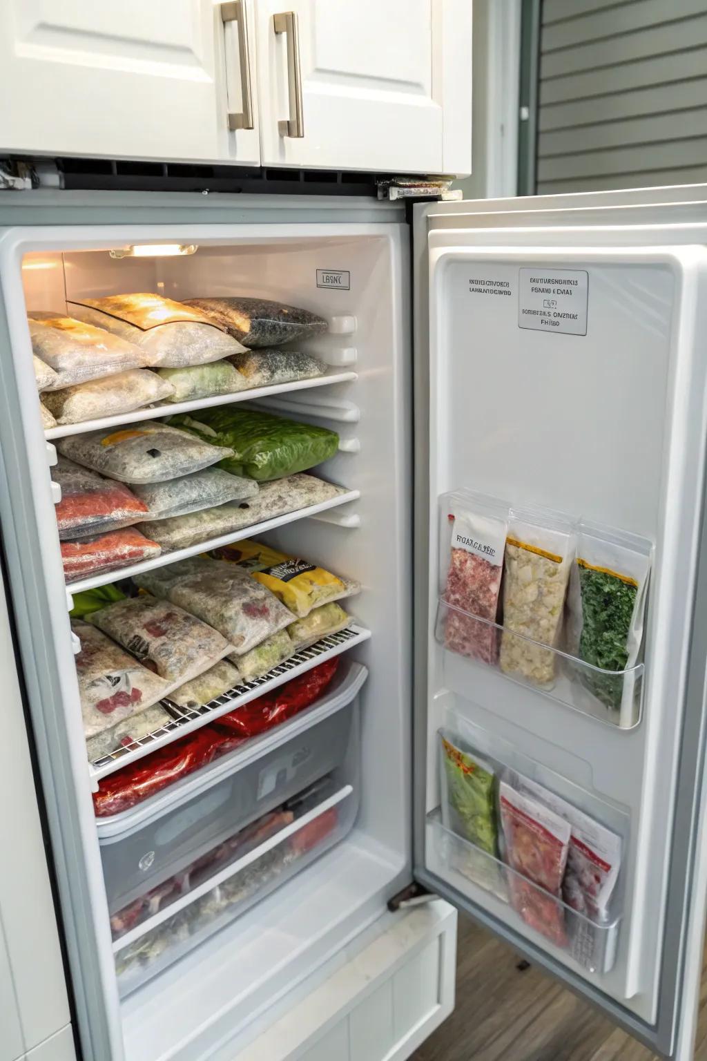 Vacuum-sealed bags save space and keep foods fresh.