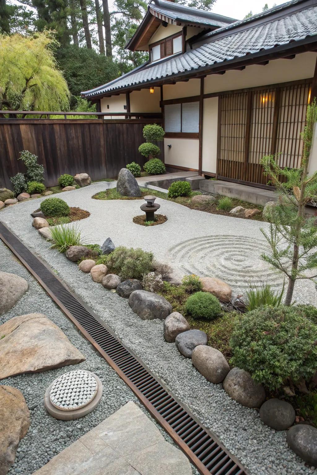 A serene Japanese Zen garden with a French drain, perfect for meditation and drainage.