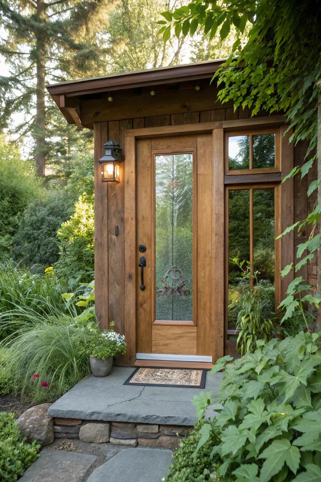 Eco-friendly entrance with reclaimed wood and recycled glass.