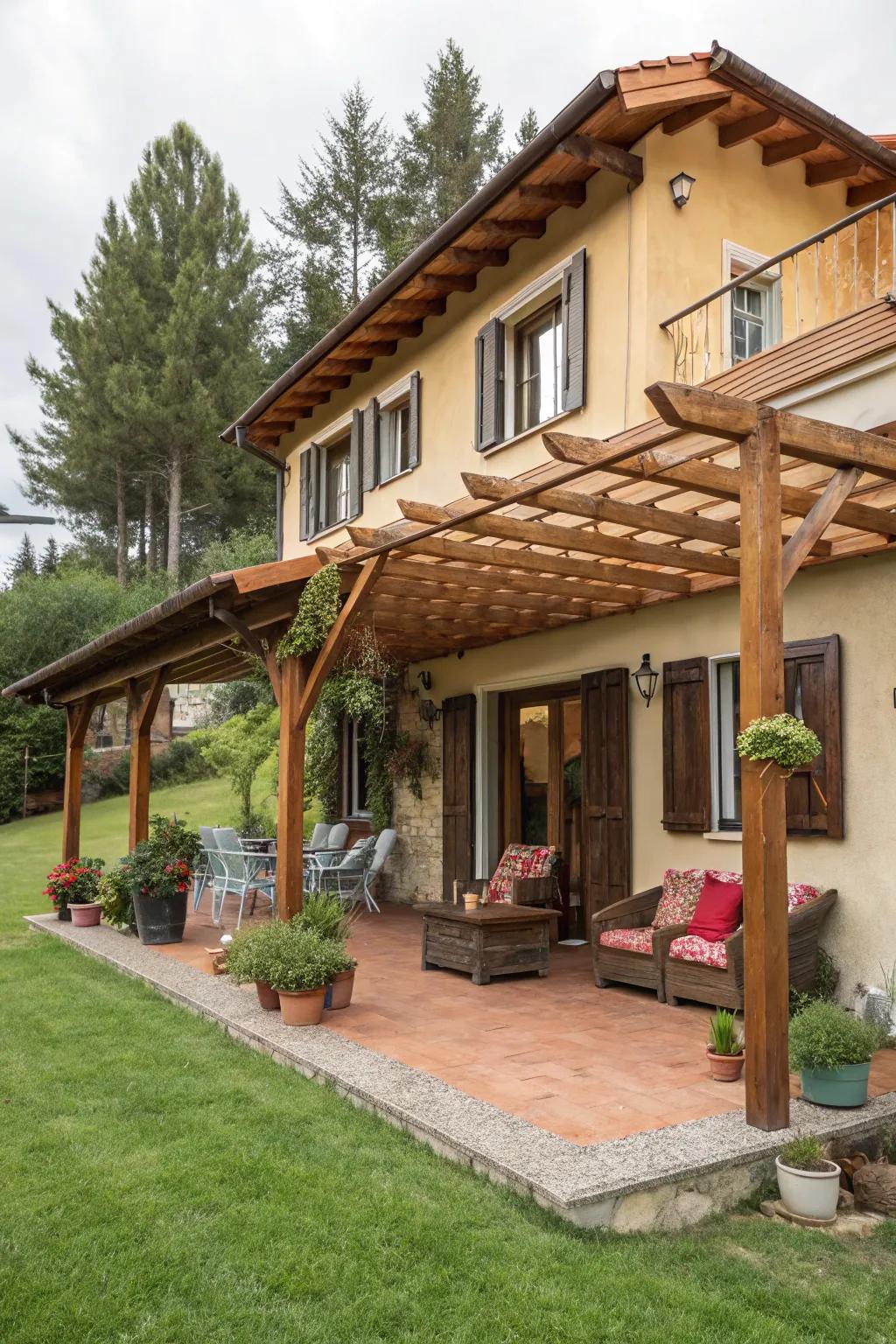 A pergola offers shade and style to your home’s entrance.