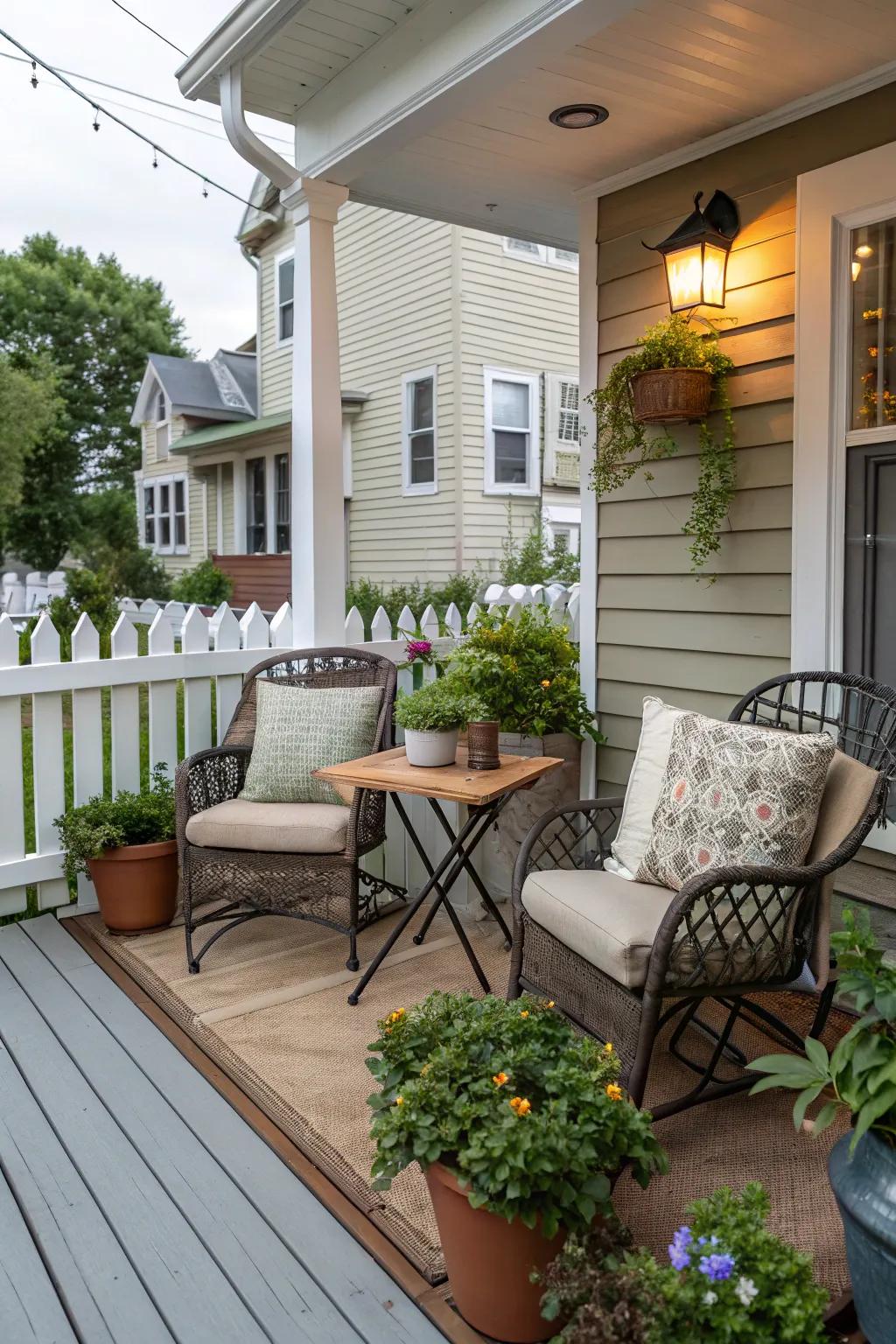 A cozy nook seating area on a front porch with a small bistro set.
