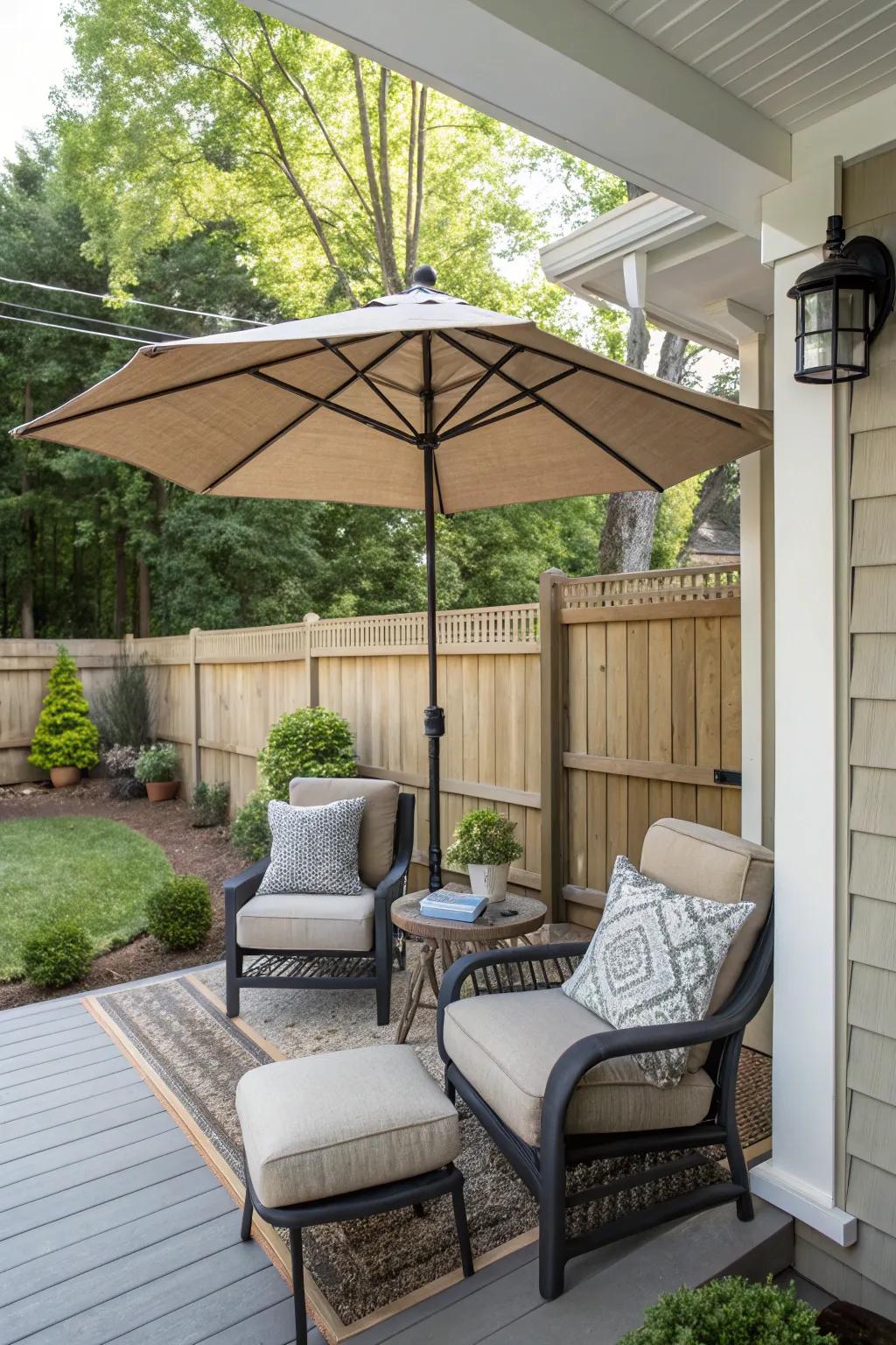 A patio parasol provides shade and privacy on a stylish front porch.