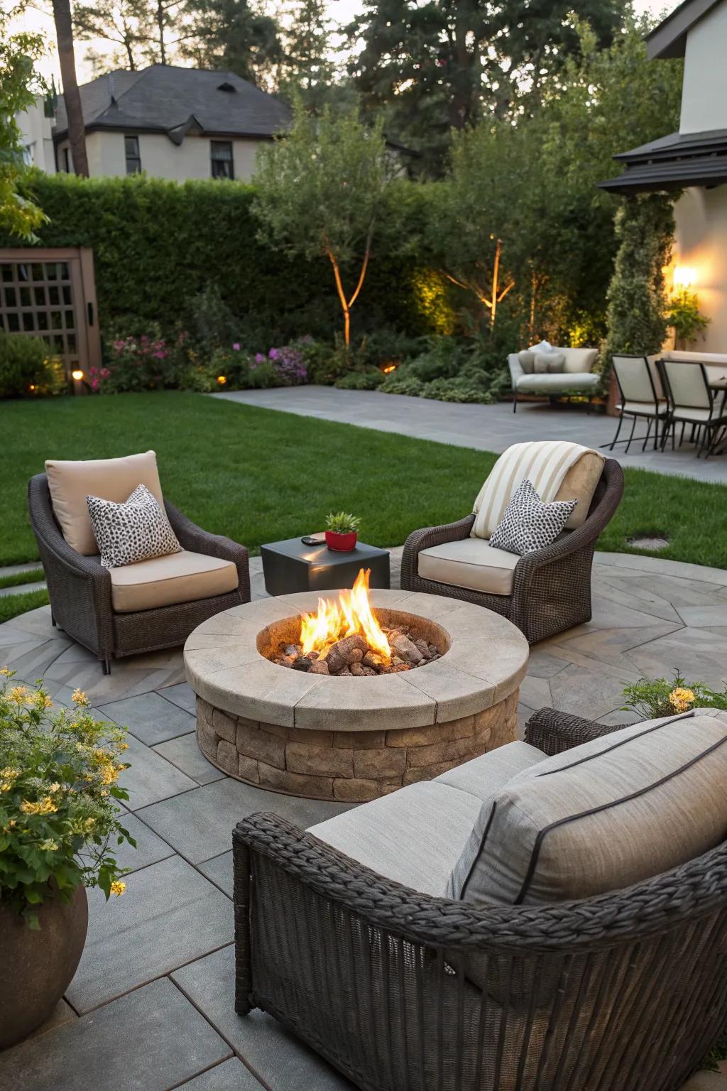 A fire pit creates a cozy gathering spot in the courtyard.