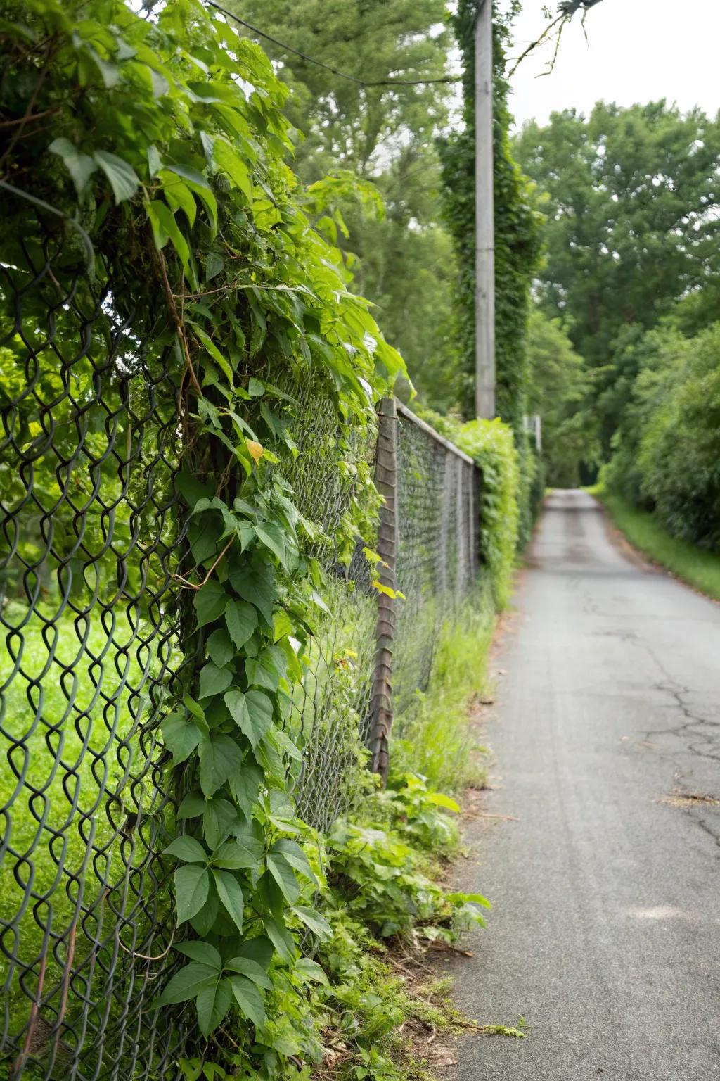 Vines and greenery convert a chain link fence into a green oasis surrounding the driveway.