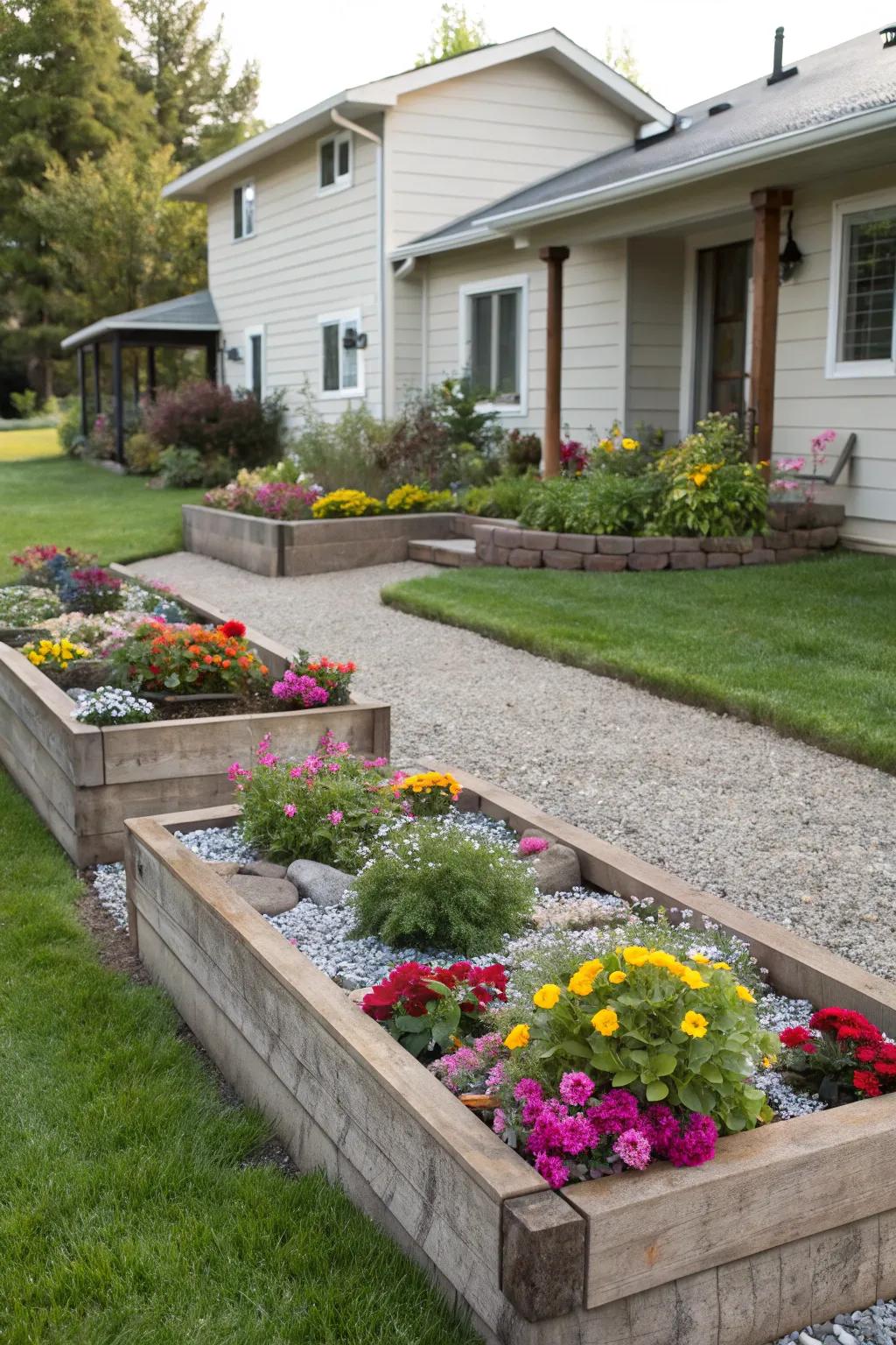 Elevated horticultural beds brimming with gravel and blossoms foster visual intrigue.