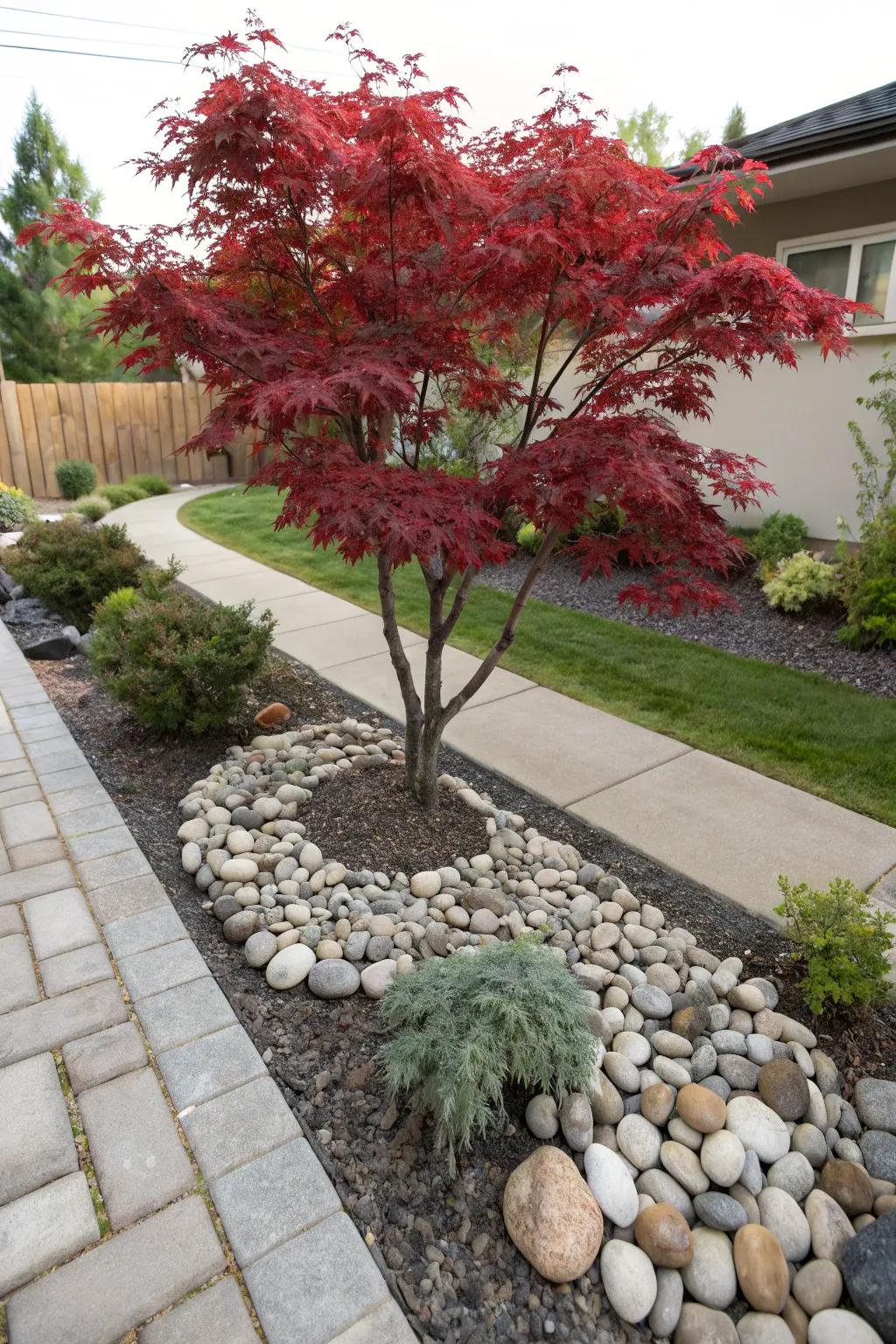 The zen-like atmosphere around the Japanese maple tree is enhanced by ornamental stones.