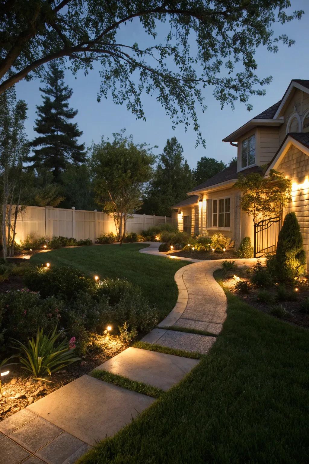 Outdoor illumination brings a warm, inviting atmosphere at night.