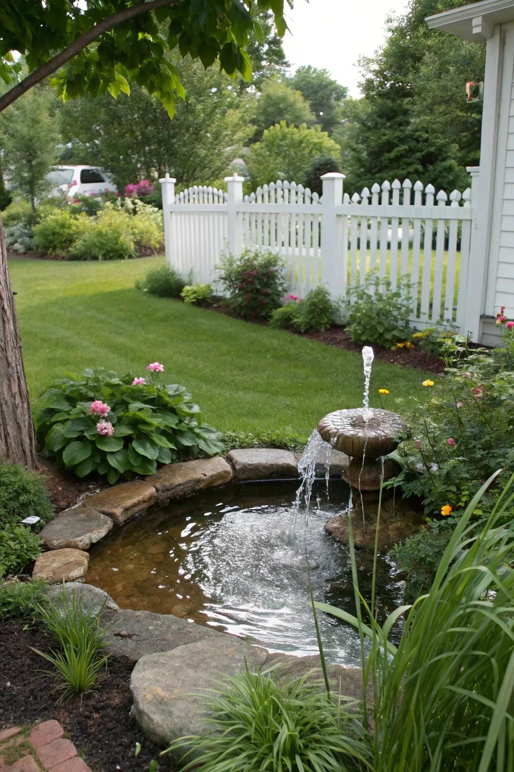 A water feature adds tranquility and charm.