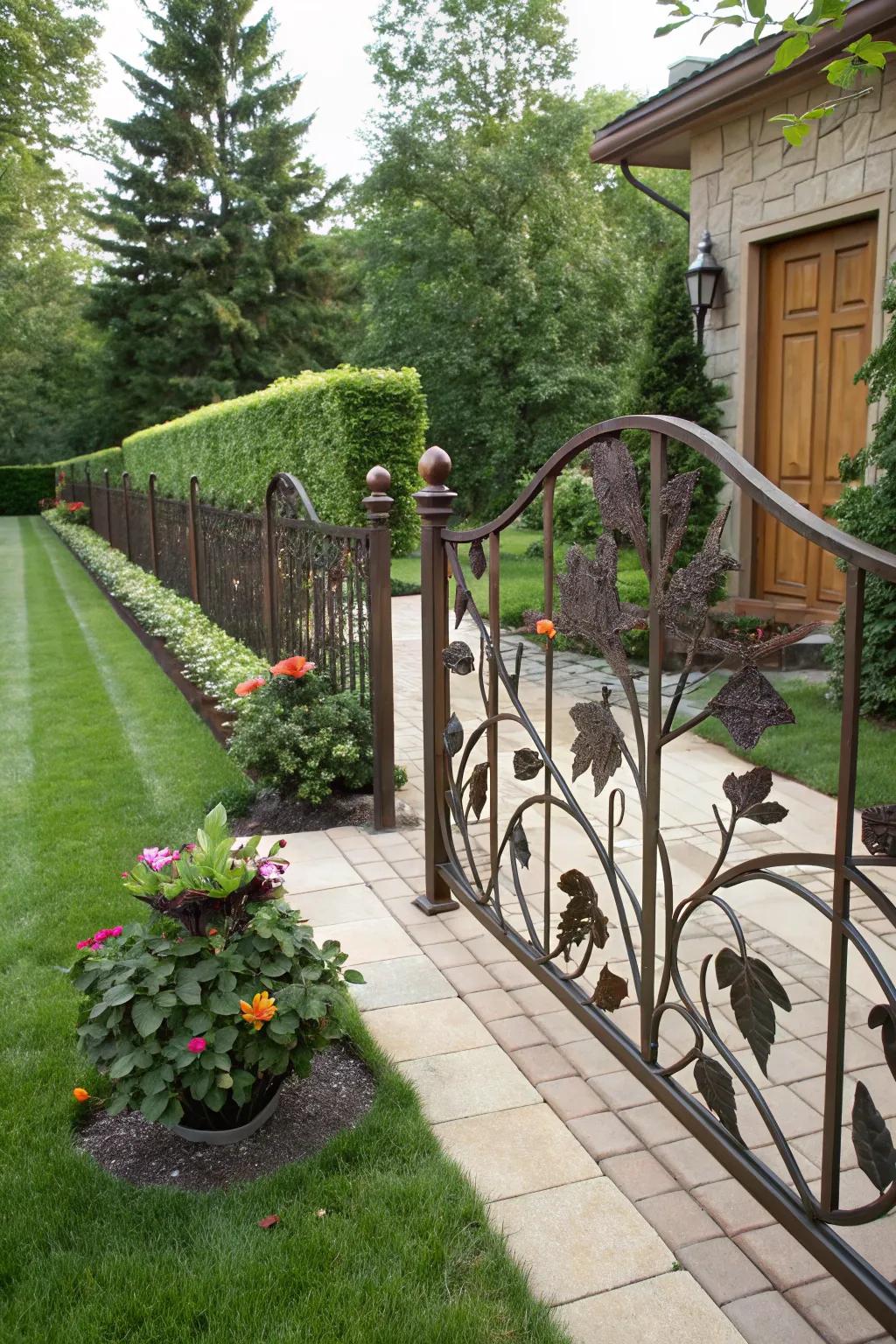 A custom metallic barrier with nature-inspired designs creating a unique look.