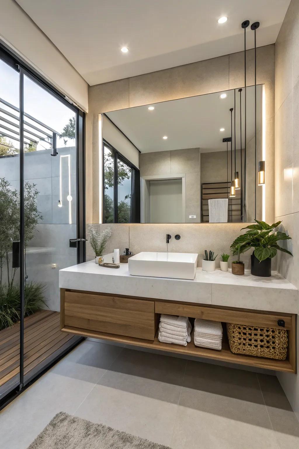 A floating vanity adds modern flair and makes the space feel open.