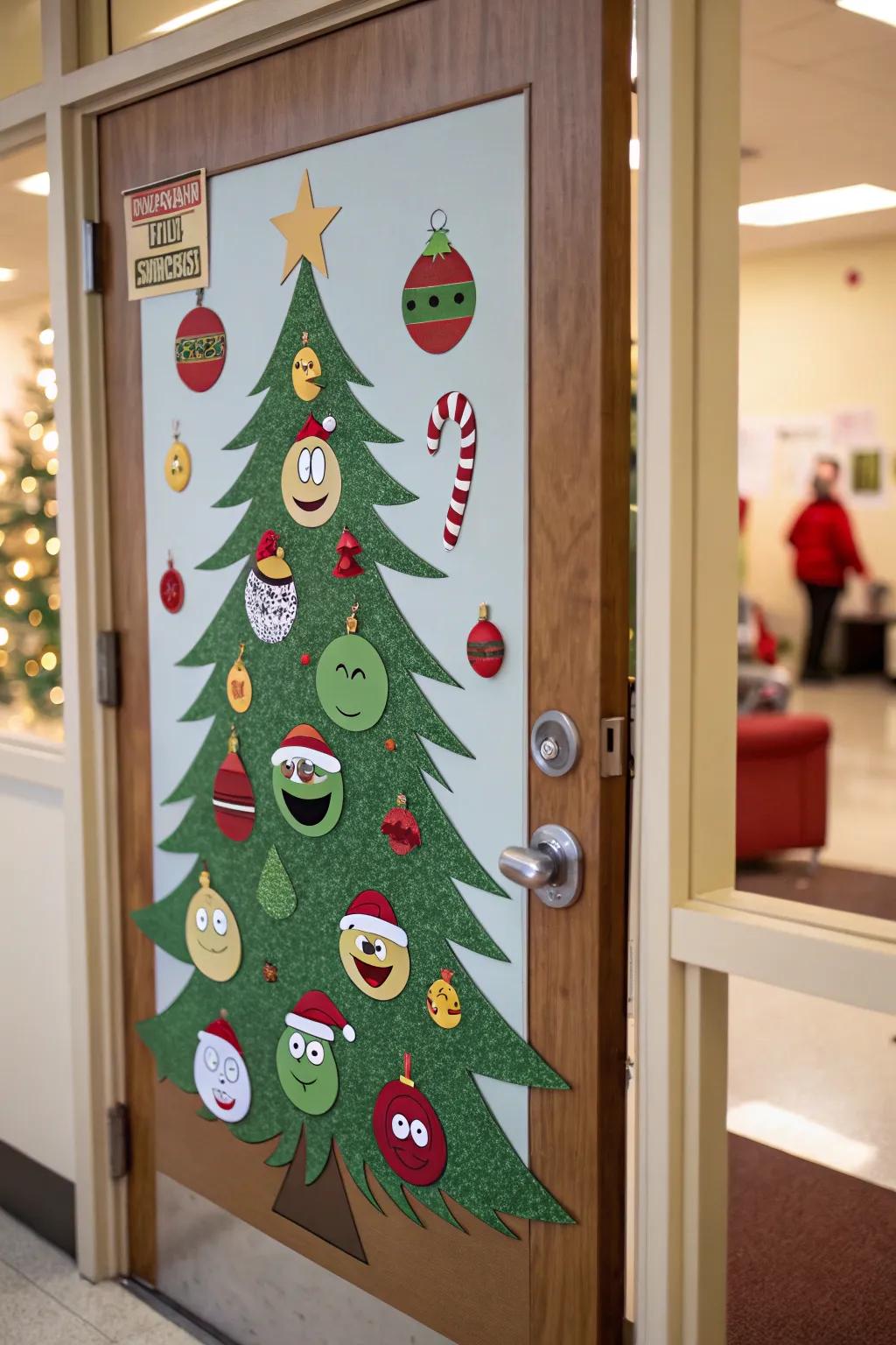 A 3D evergreen cutout adds depth and fun to your festive door.