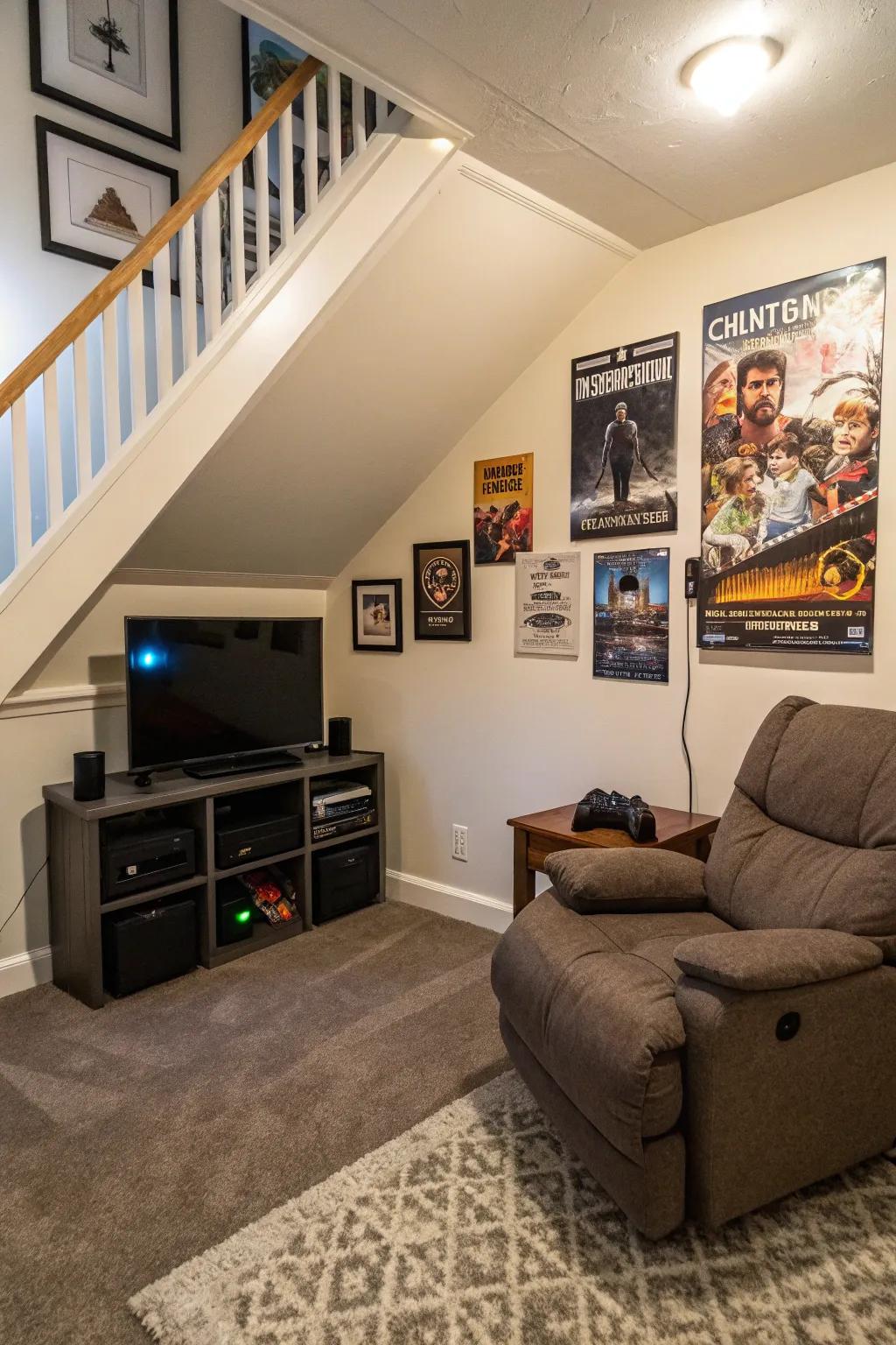 A gaming corner under the staircase maximizes space inventively.