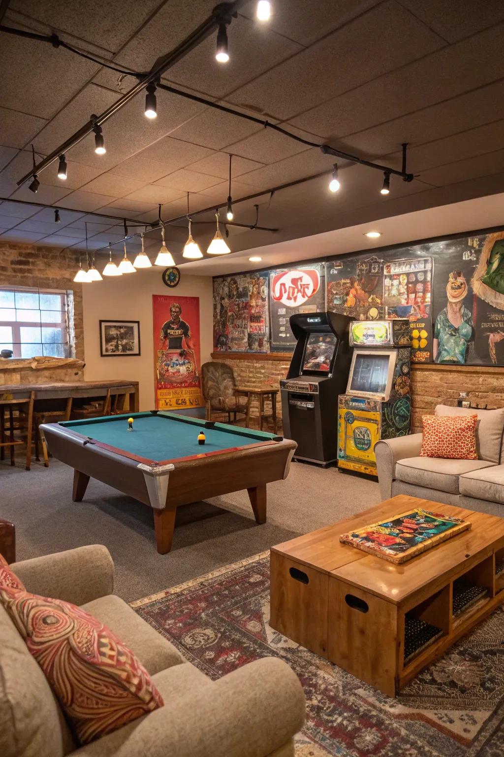 An economical basement game room showcasing creative design.