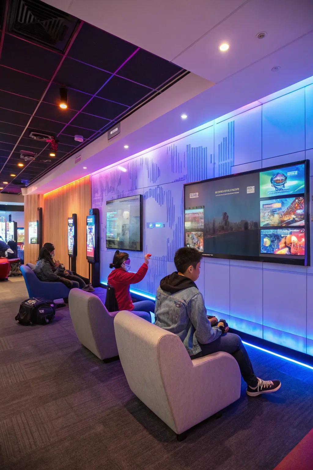 An interactive wall injects a vibrant and engaging element to the gaming area.