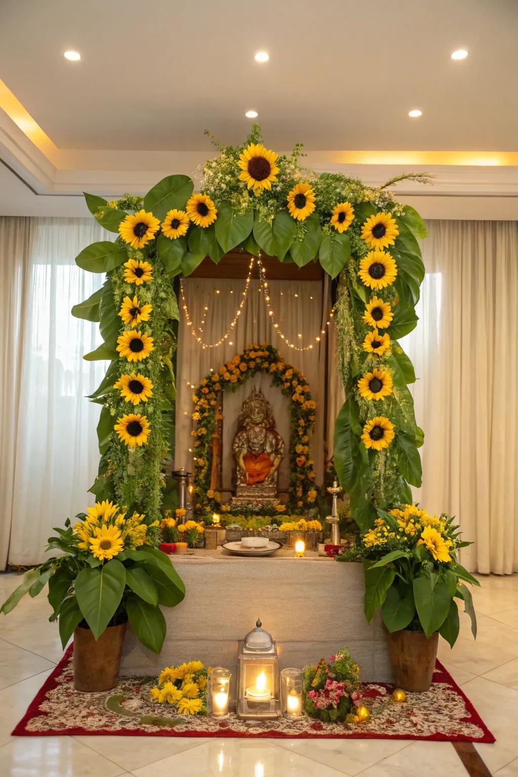 Solar blooms bringing a cheerful vibe to the Ganpati arrangement.