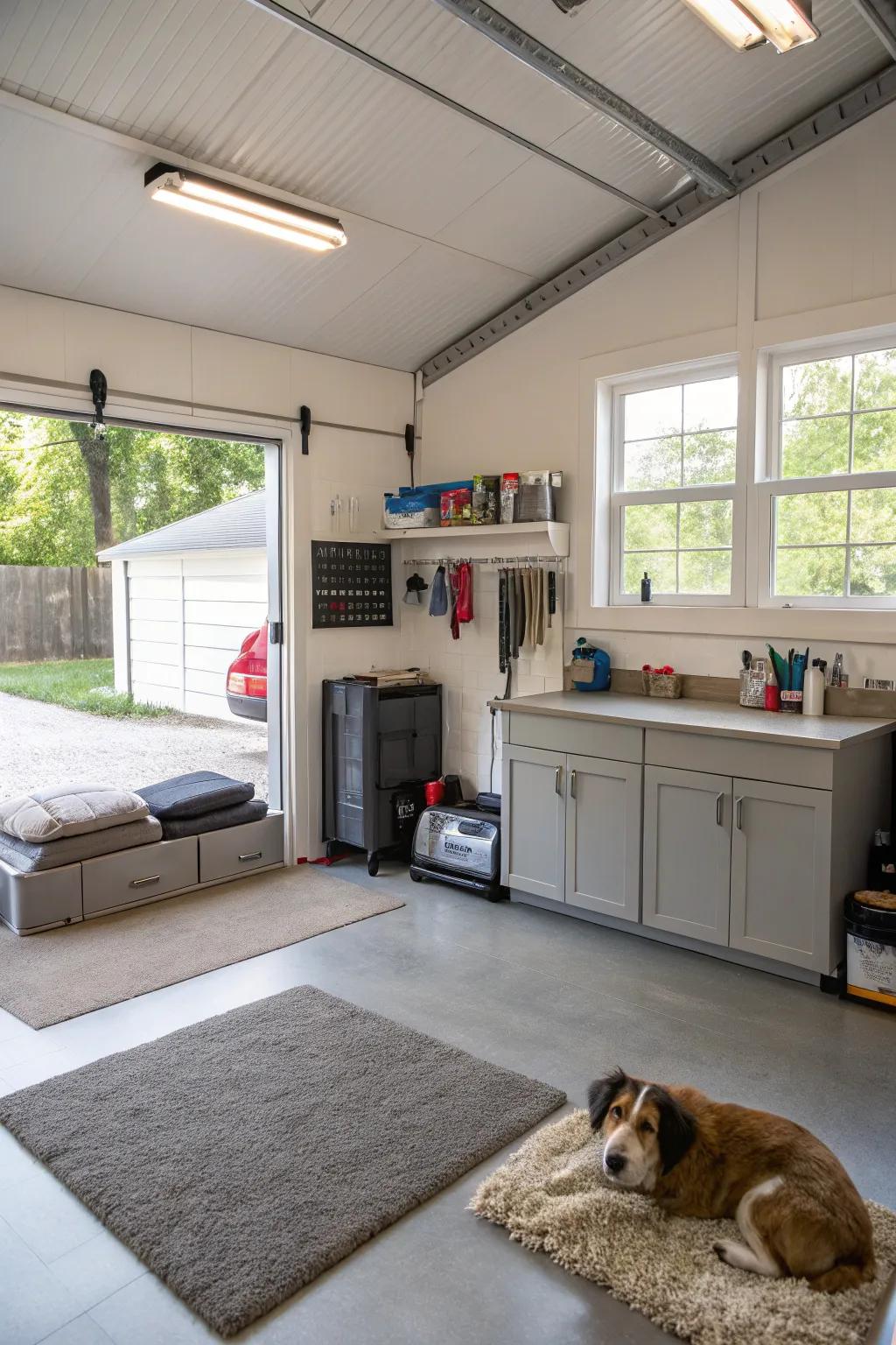 A garage that has a spot for pets.