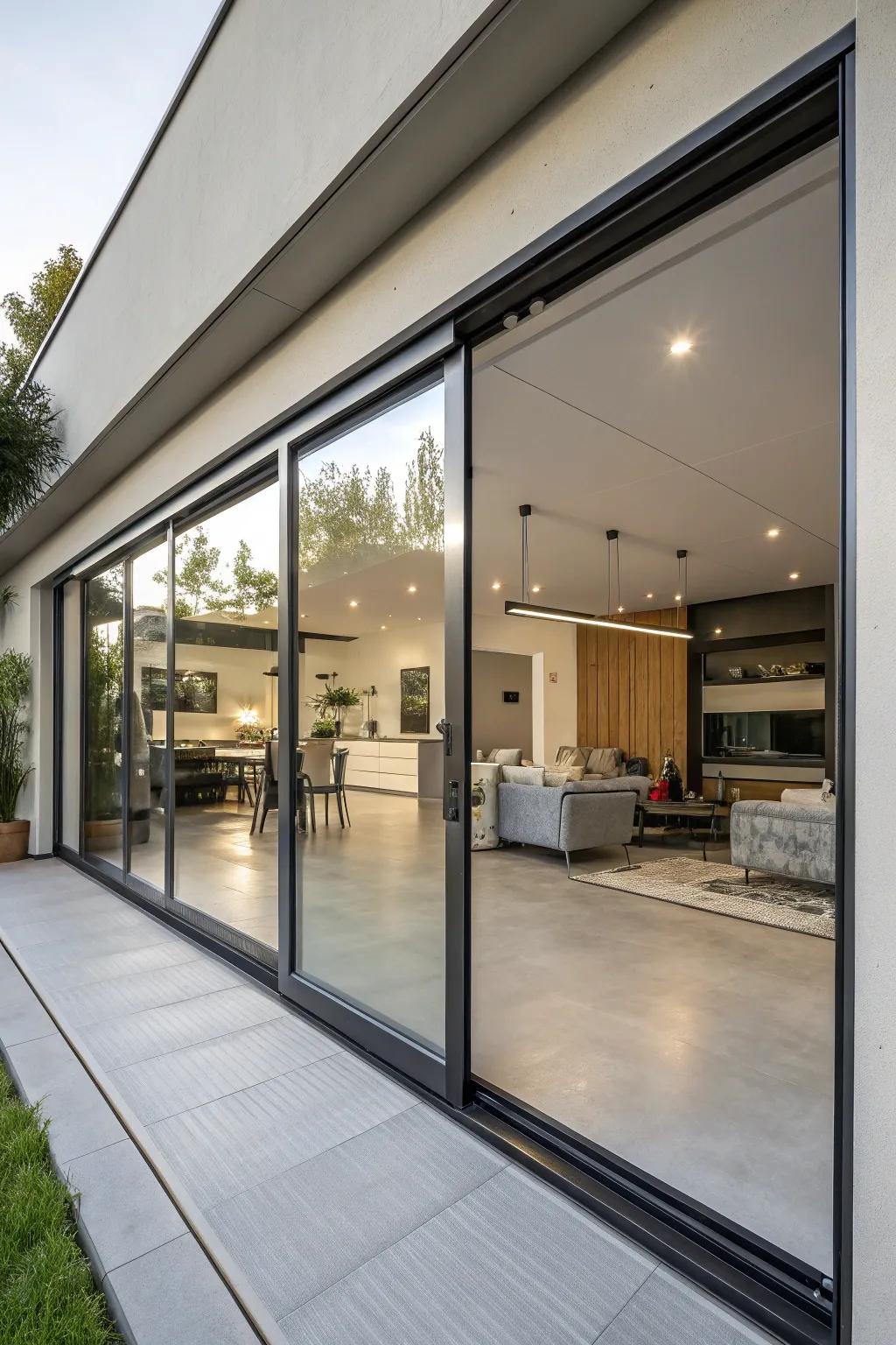 Gliding entrances economize on space and introduce a contemporary accent.