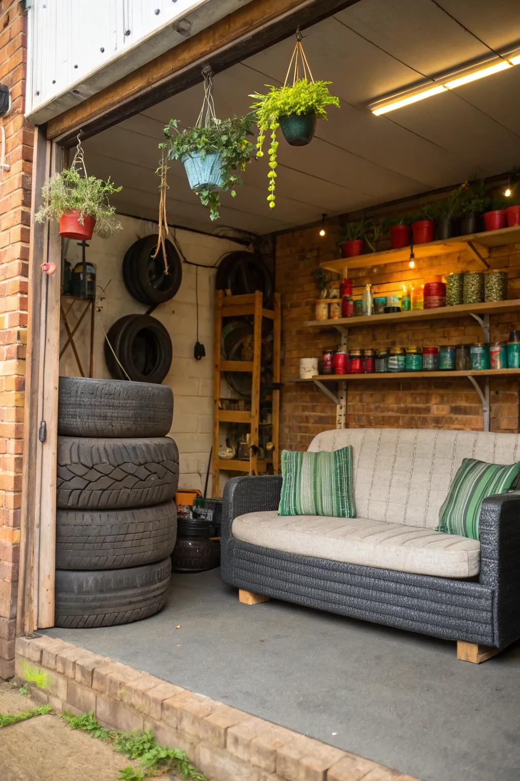 Upcycled tire sofas forge a bold and sustainable declaration in any garage.
