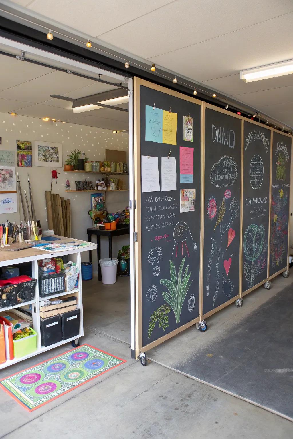 Rolling slateboard walls offer a creative and functional partition.