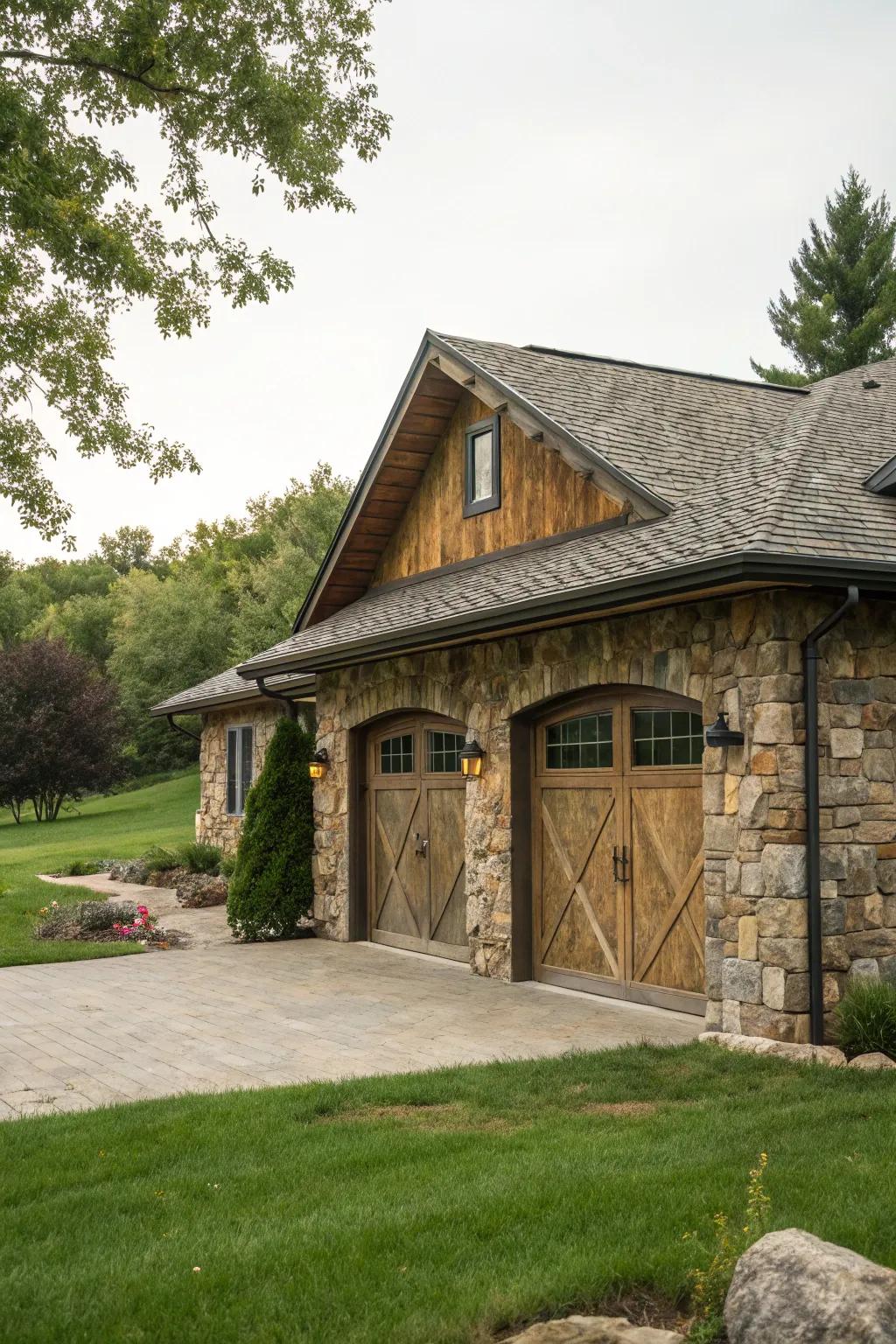 Natural stone textured garage entrances create a rustic and organic appeal.