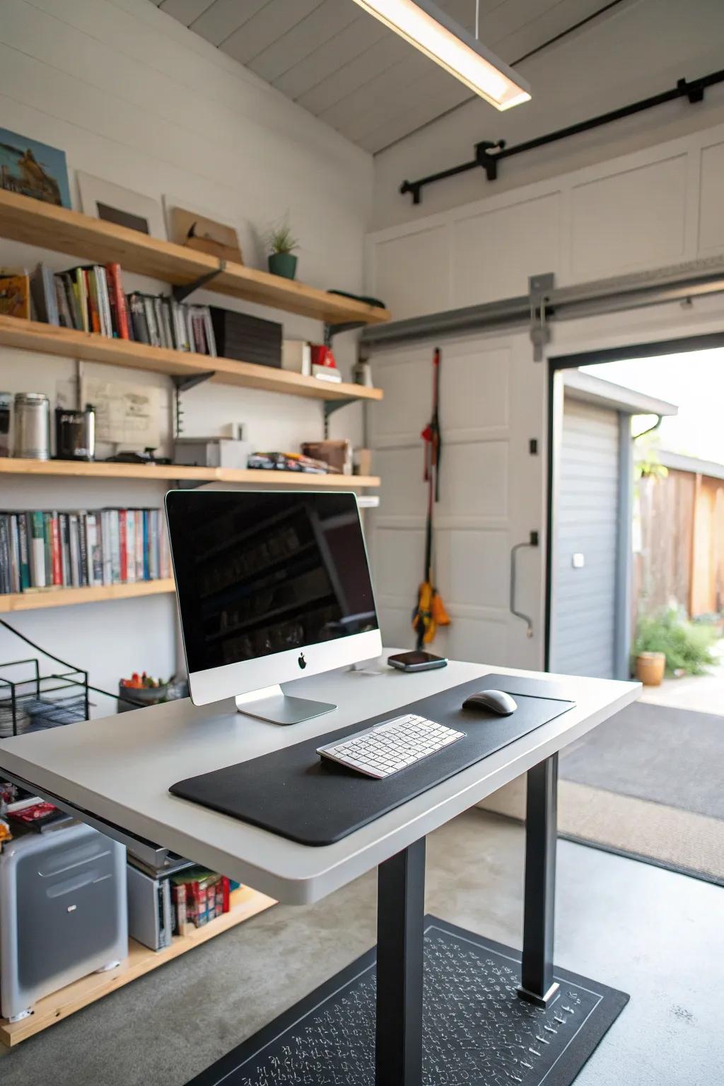 A standing desk encourages movement and promotes health in the office.