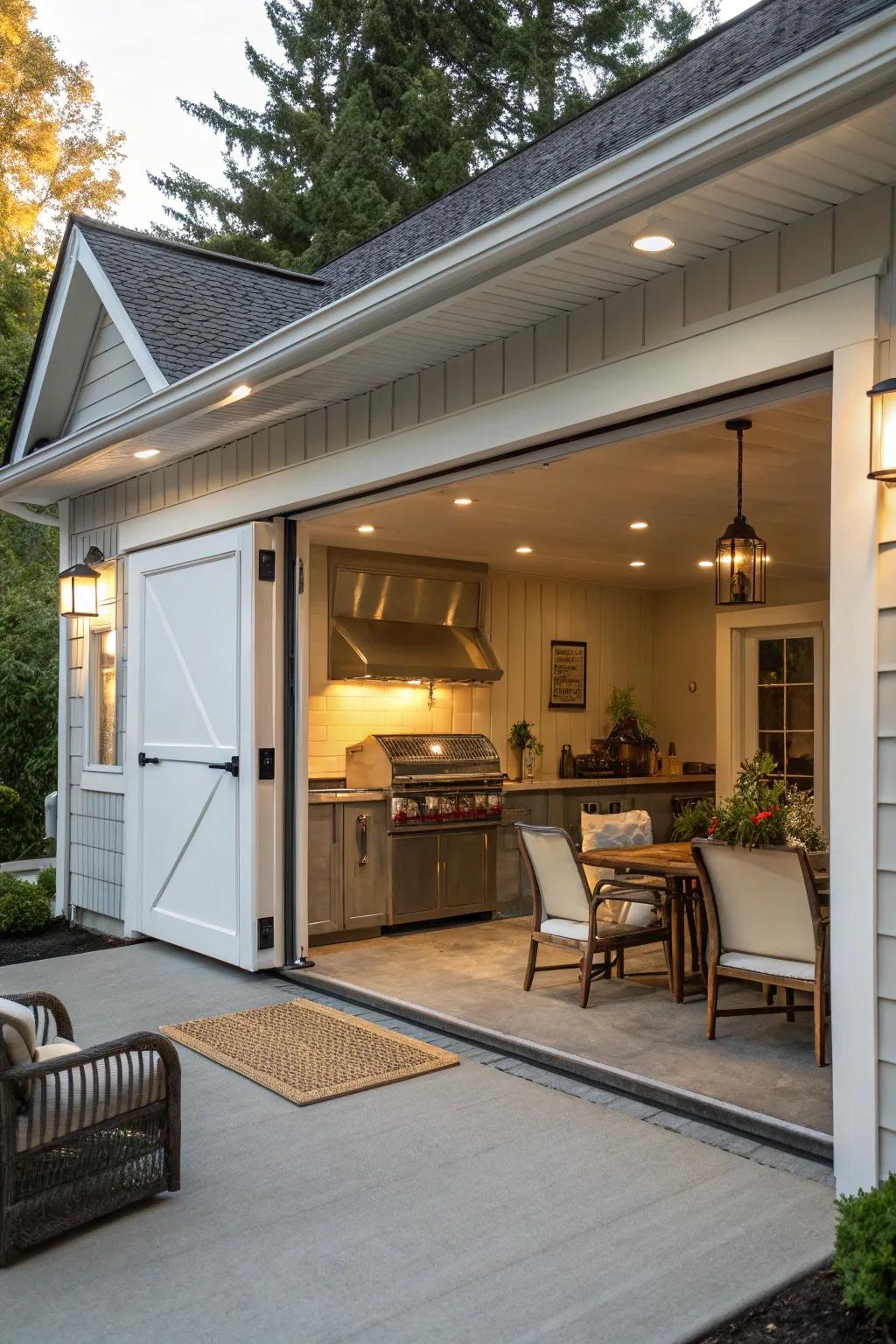 A shielded outdoor cooking area extends the functionality of the garage.