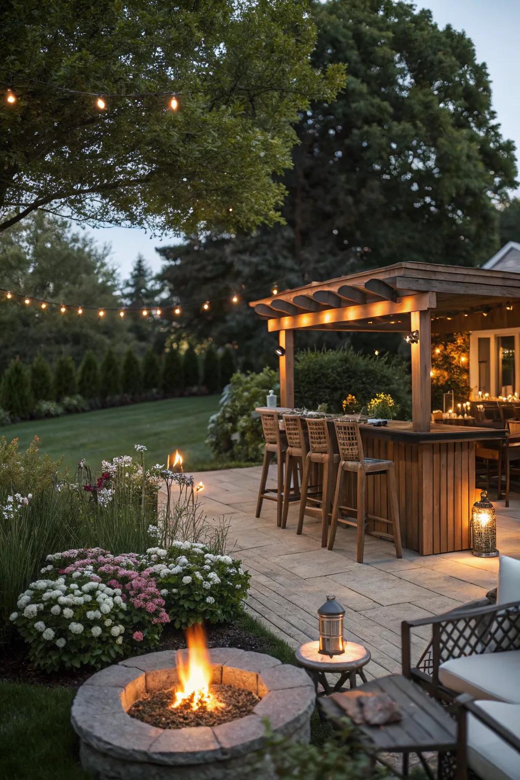 A garden bar with a snug fire pit feature.