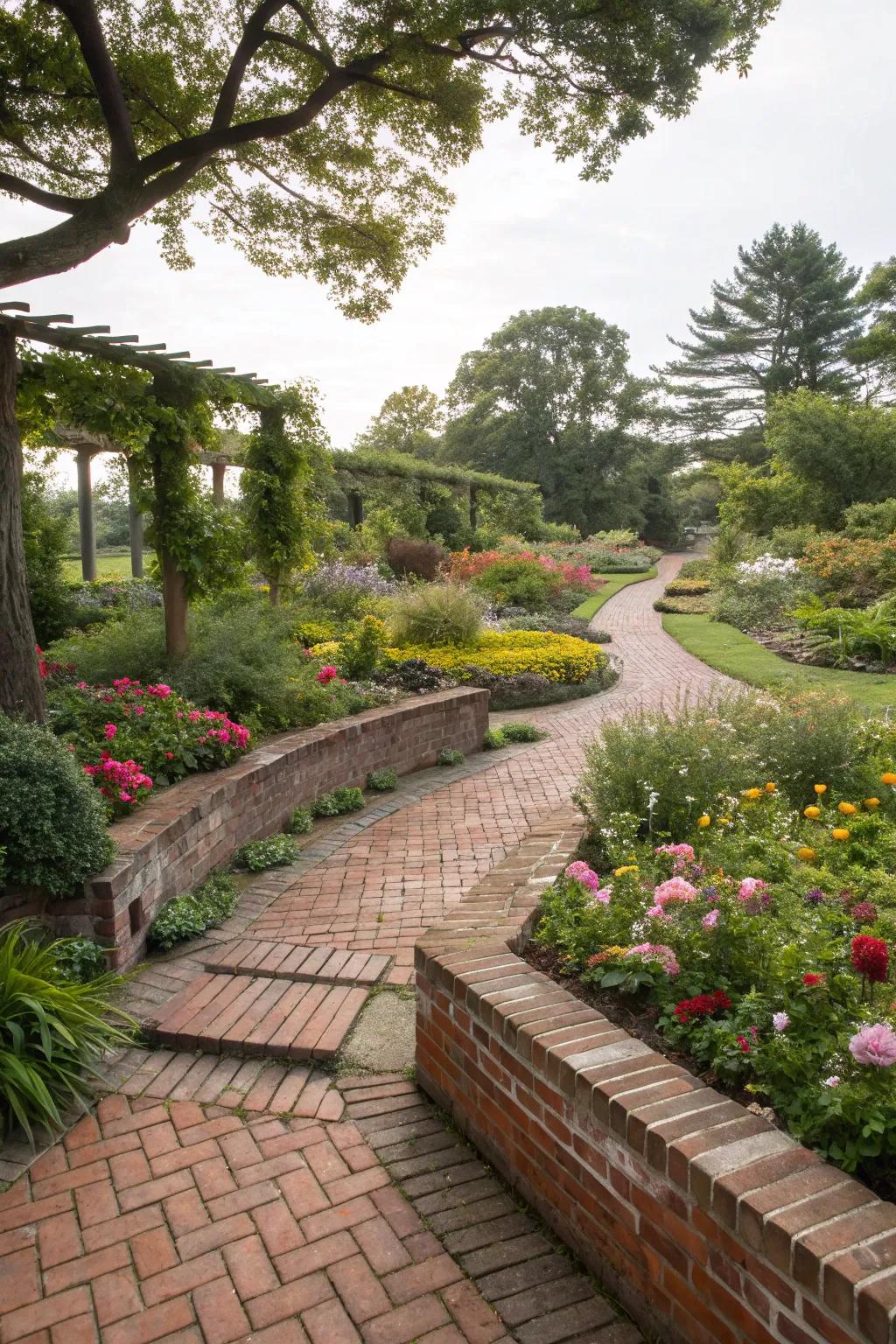 Brick edging neatly frames flower patches and walkways in a garden.
