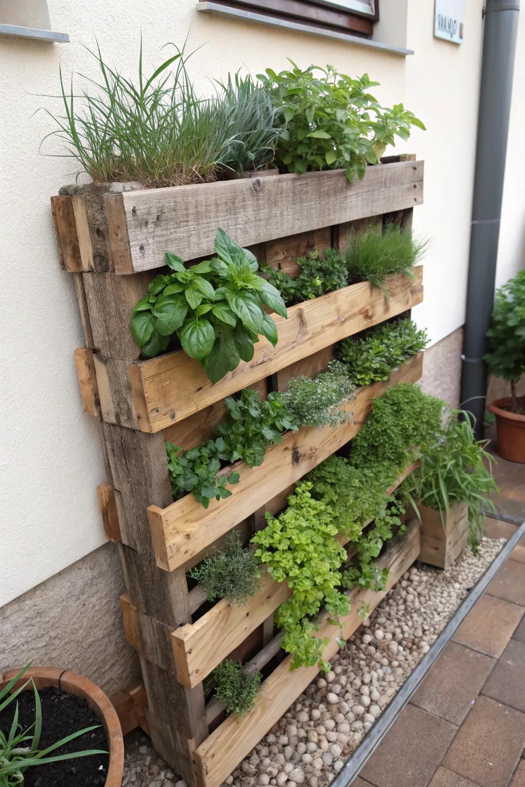 A sky-high herb garden using a wood skid.