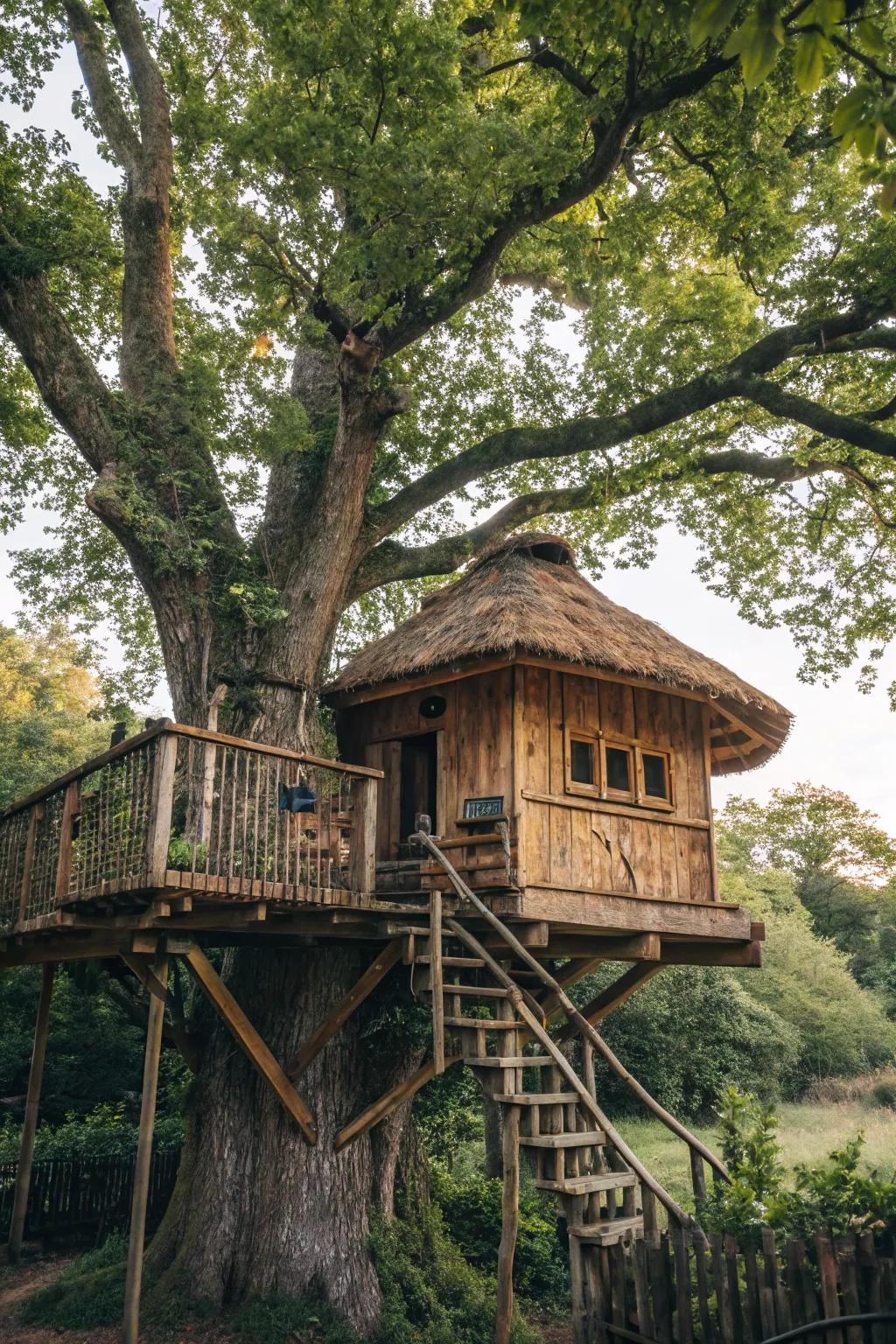 A charming treehouse nestled within a backyard tree.