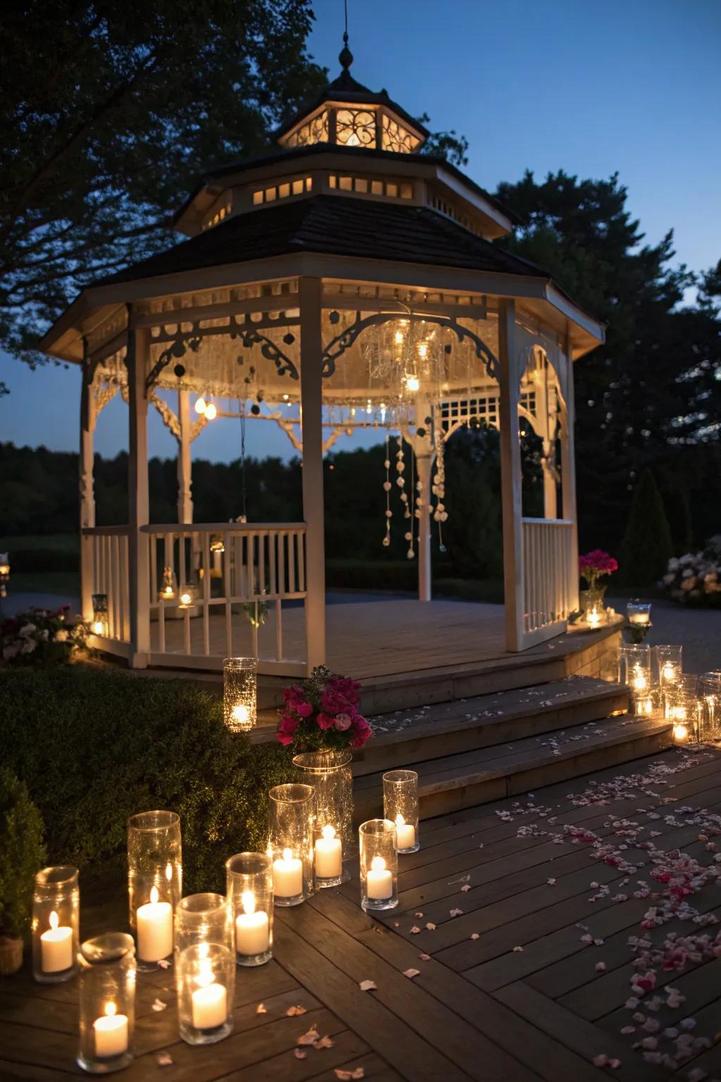 Suspended candles provide a soft and romantic radiance.