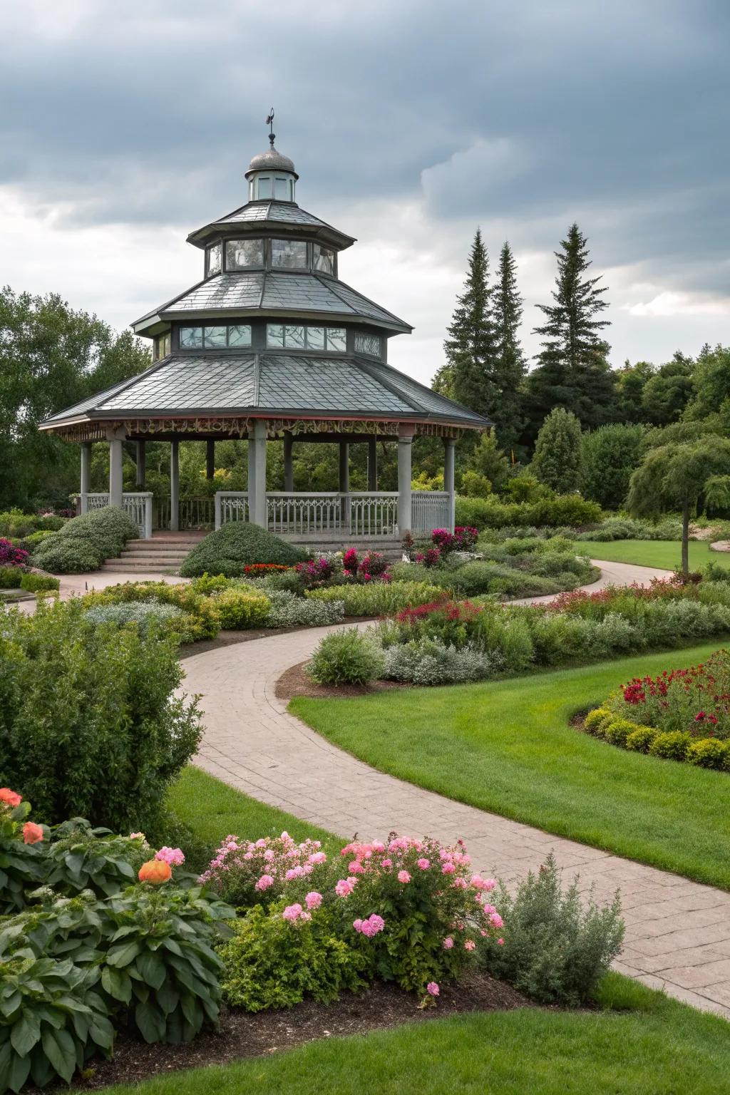 A gazebo with a multi-level roof, adding architectural intrigue.