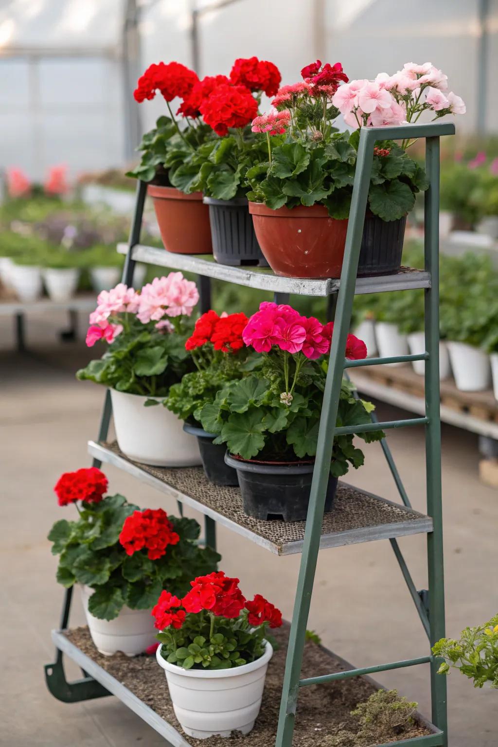 A tiered plant stand showcasing a variety of geraniums in assorted pots.