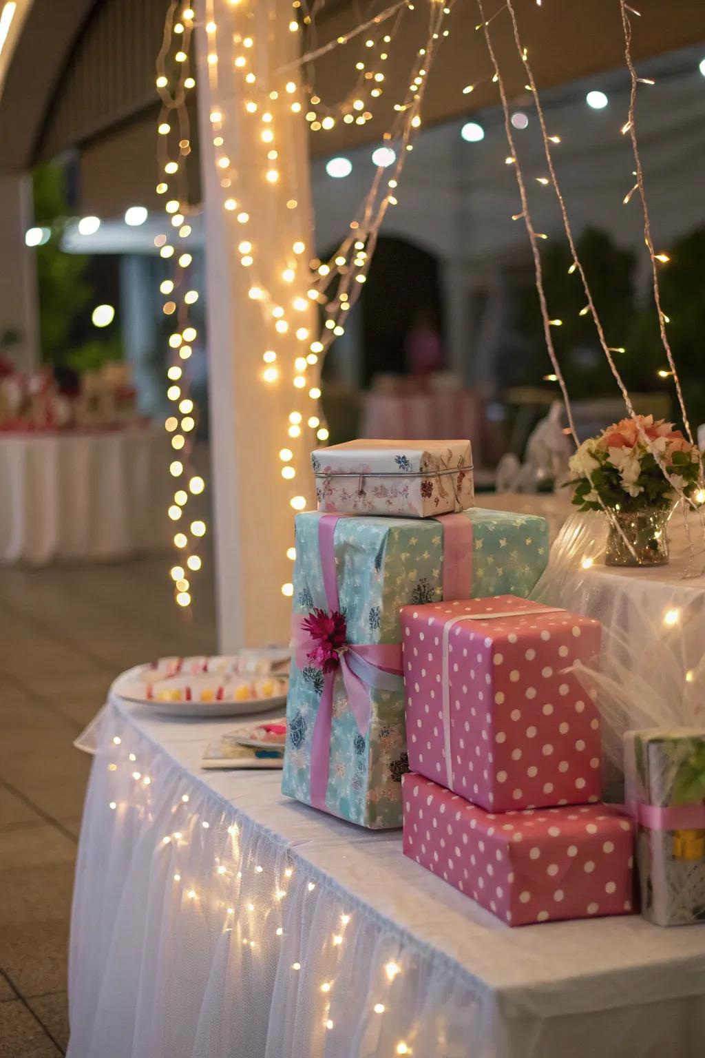 Build an enchanting atmosphere using sparkle lights on your gift display.