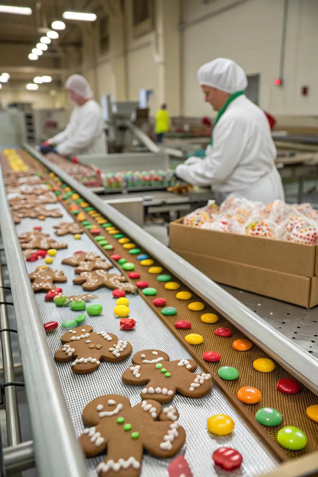 A bustling toy factory constructed from gingerbread, brimming with holiday cheer.