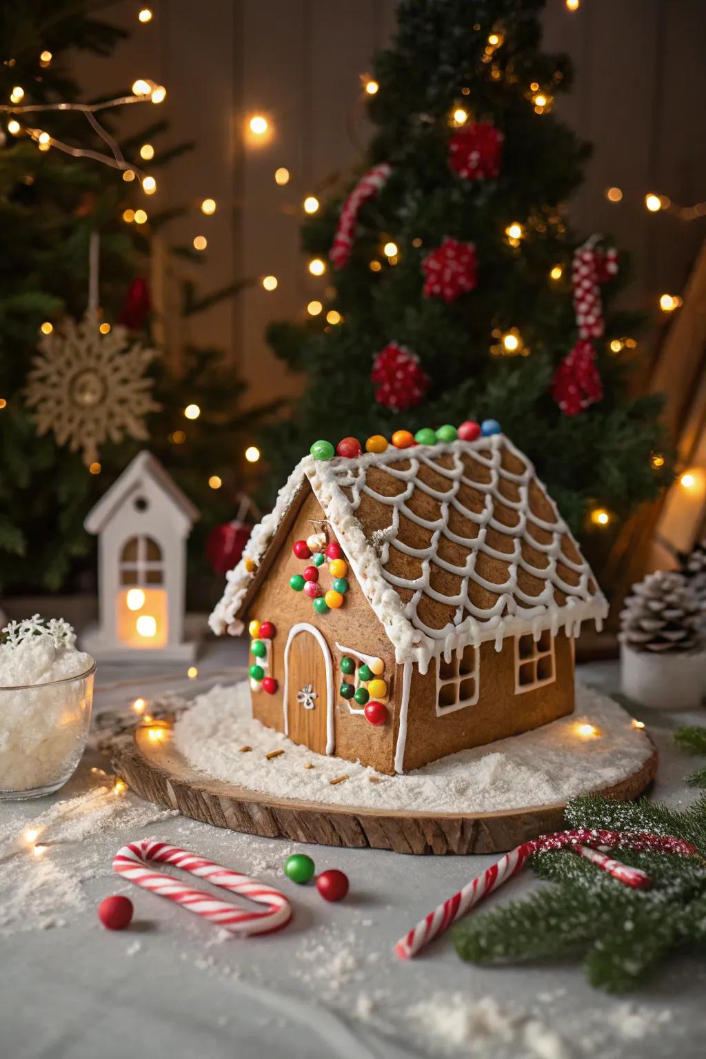 A gingerbread rooftop featuring woven glycyrrhiza filament.
