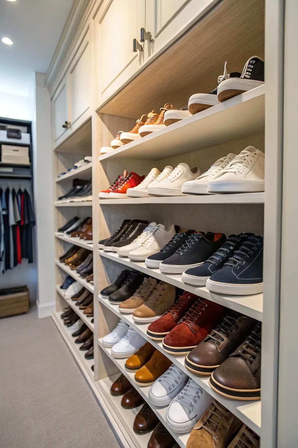 A shoe display transforms storage into a stylish showcase.